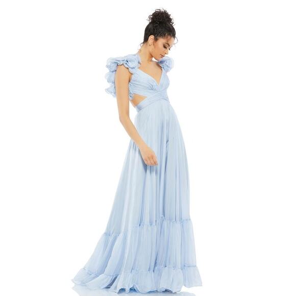 MAC DUGGAL Dress Size 4 Light Blue Ruffle Tiered Cut Out Chiffon Gown 67911 Prom - Picture 3 of 7